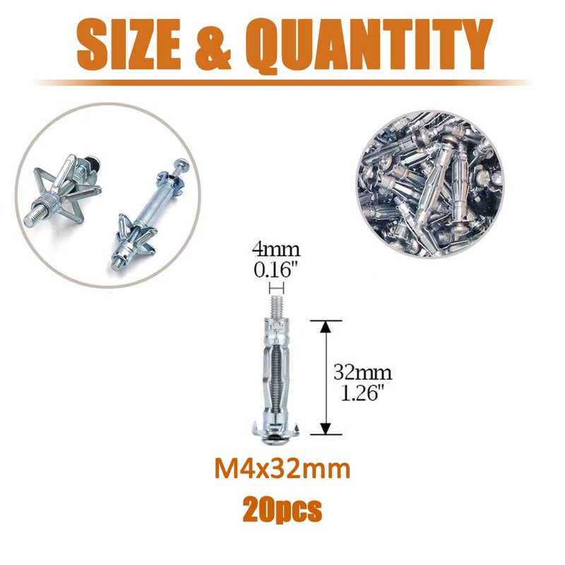 ISPINNER 20pcs M4x32mm Zinc Plated Steel Molly Bolt Hollow Drive Wall Anchor Screws for Drywall, Plaster and Tile - Image 2